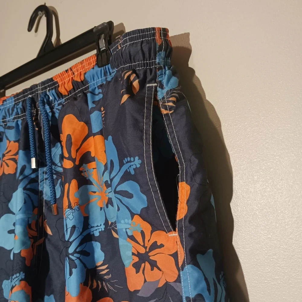 Six Islands Mens 3X Swim Trunks Navy Blue Orange Hibiscus Floral Tropical Shorts